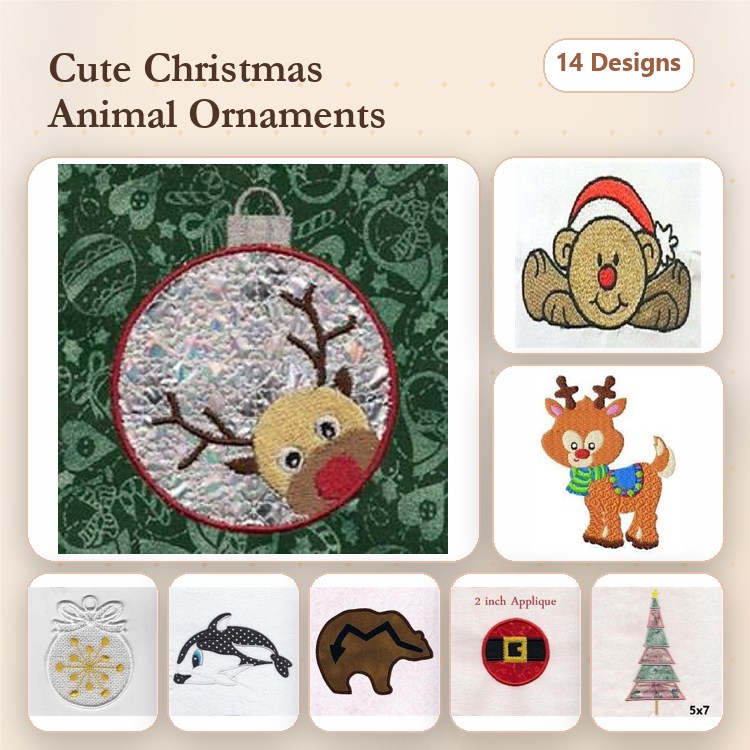 Applique Cute Christmas Animal Ornaments Embroidery Designs Bundle – Reindeer, Santa Bear, Snowman & More (14 Designs)