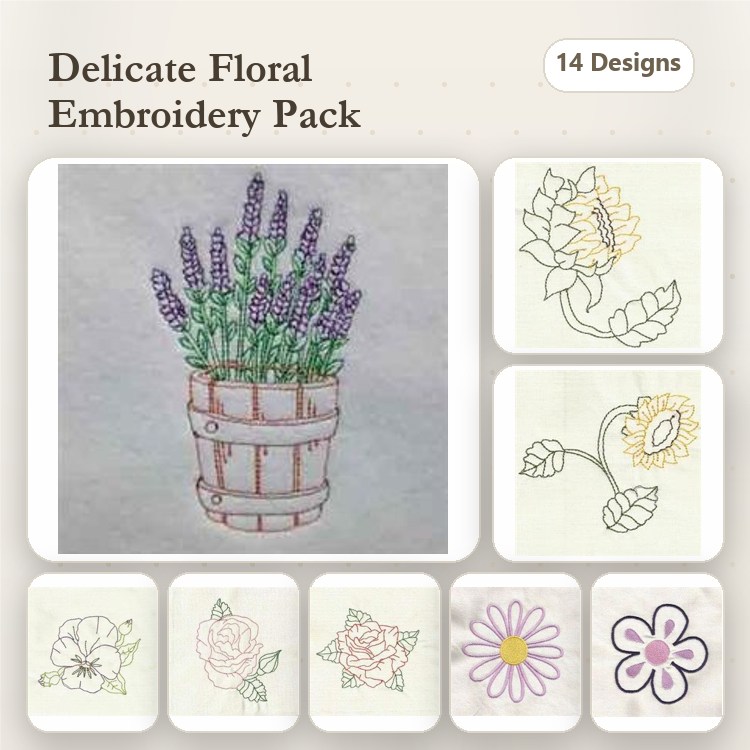 Redwork Floral Embroidery Bundle – Lavender in Bucket, Sunflower Plant, Rose Blossom & More (14 Designs)