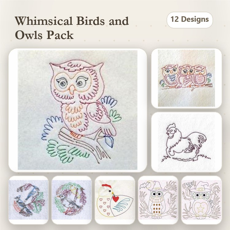 Redwork Whimsical Birds & Owls Embroidery Designs Bundle – Owl on Branch, Chickadee, Fancy Owl & More (12 Designs)