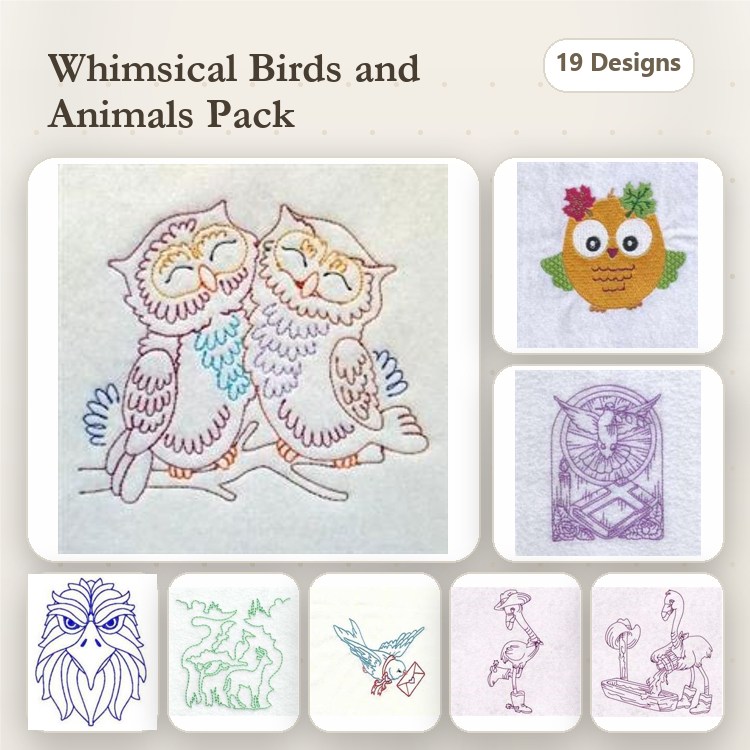 Redwork Whimsical Birds & Animals Embroidery Bundle – Kissing Owls, Owl with Glasses, Standing Bird & More (19 Designs)