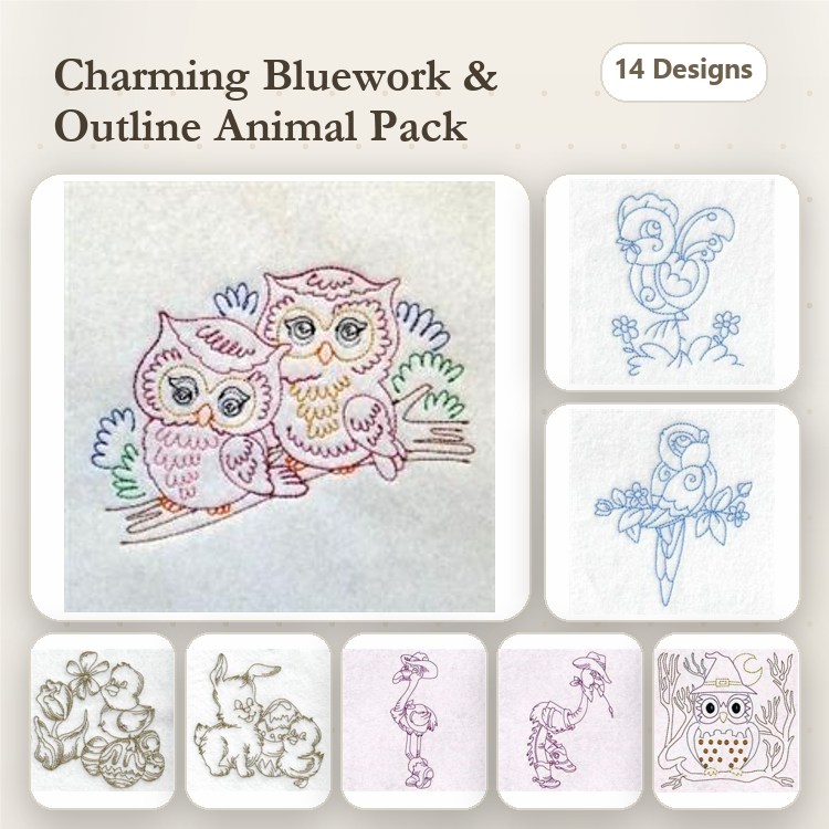 Redwork Bluework Animal Embroidery Bundle – Owls, Parrot, Flamingo & More (14 Designs)