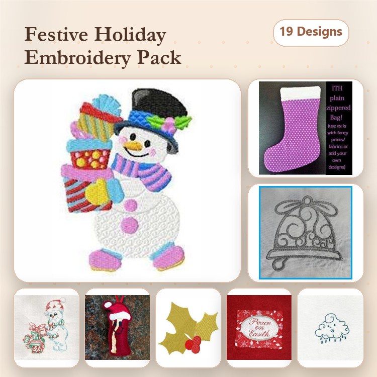 Festive Holiday Embroidery Designs Bundle – Snowman with Gifts, Christmas Stocking, Bell Ornament & More (19 Designs)