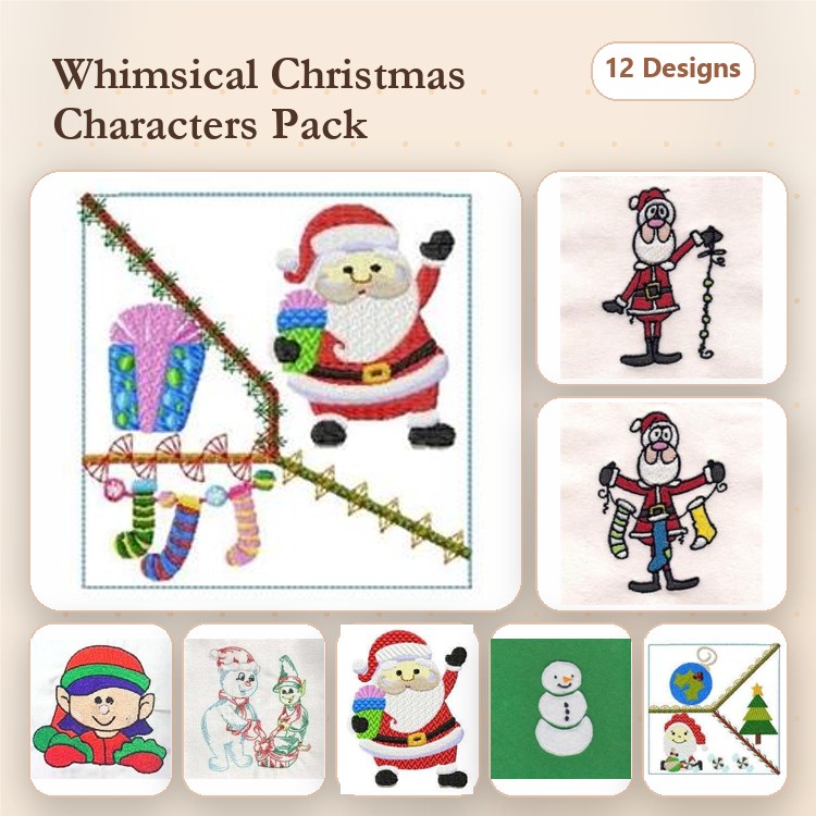 Whimsical Christmas Characters Embroidery Designs Bundle – Santa Claus, Elf, Snowman & More (12 Designs)