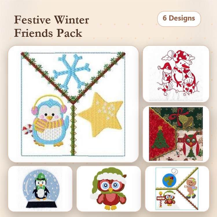 Festive Winter Friends Embroidery Bundle – Penguin with Scarf, Christmas Star, Snowflake & More (6 Designs)