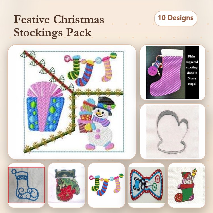 Christmas Stocking Embroidery Designs Bundle – Snowman, Striped, Flowers & More (10 Designs)