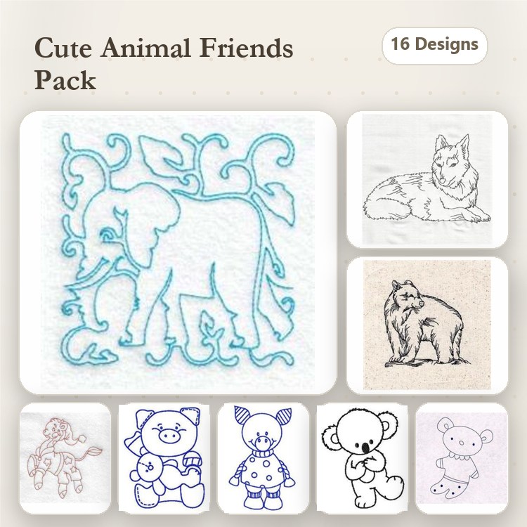 Redwork Cute Animal Friends Embroidery Designs Bundle – Elephant, Fox, Bear, Teddy Bear & More (16 Designs)