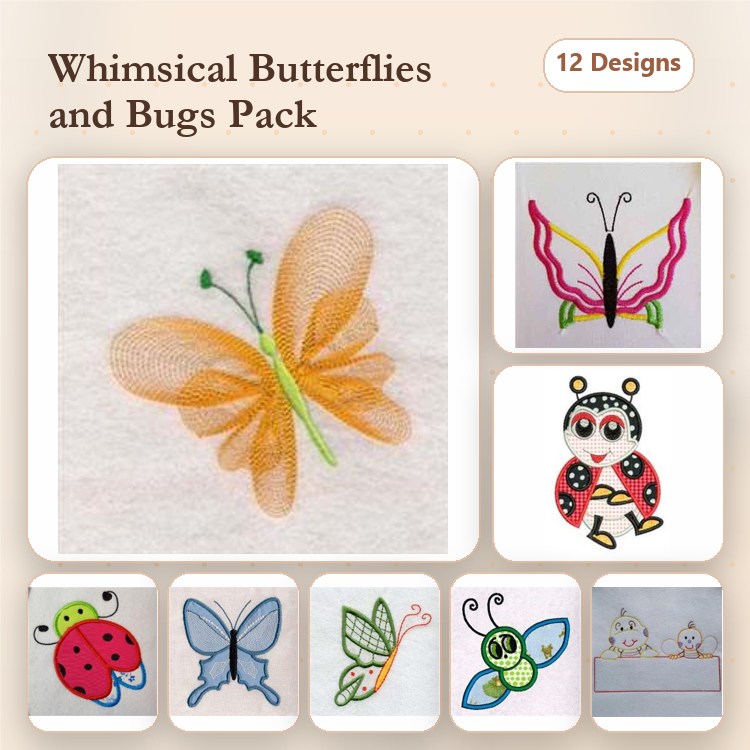 Butterflies & Bugs Embroidery Designs Bundle – Orange Butterfly, Pink Butterfly, Ladybug & More (12 Designs)