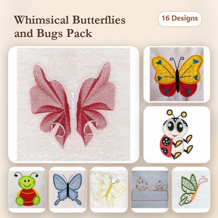 Butterflies & Bugs Embroidery Designs Bundle – Butterfly with Pink Wings, Colorful Butterfly, Ladybug Character & More (16 Designs)