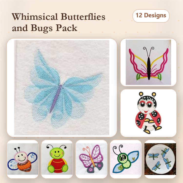 Butterfly & Bug Embroidery Designs Bundle – Blue Butterfly, Pink Butterfly, Ladybug & More (12 Designs)