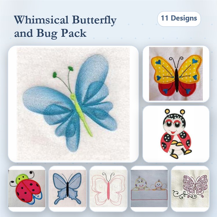 Butterflies & Bugs Embroidery Designs Bundle – Blue Butterfly, Red Ladybug, Yellow Butterfly & More (11 Designs)