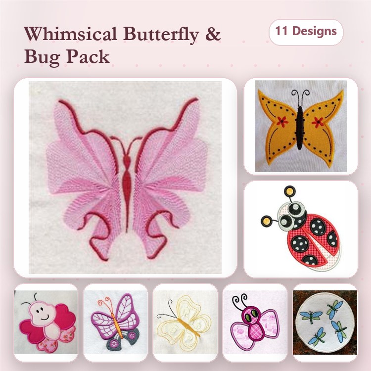Butterflies & Bugs Embroidery Bundle – Pink Butterfly, Ladybug, Dragonfly & More (11 Designs)
