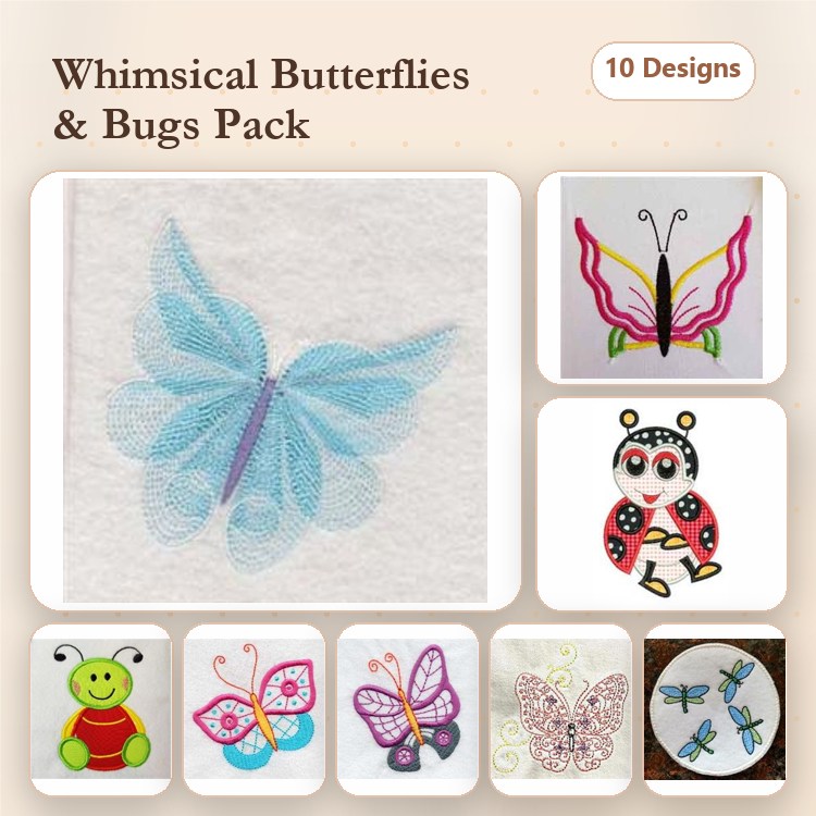 Butterflies & Bugs Embroidery Designs Bundle – Blue Butterfly, Pink Butterfly, Ladybug & More (10 Designs)