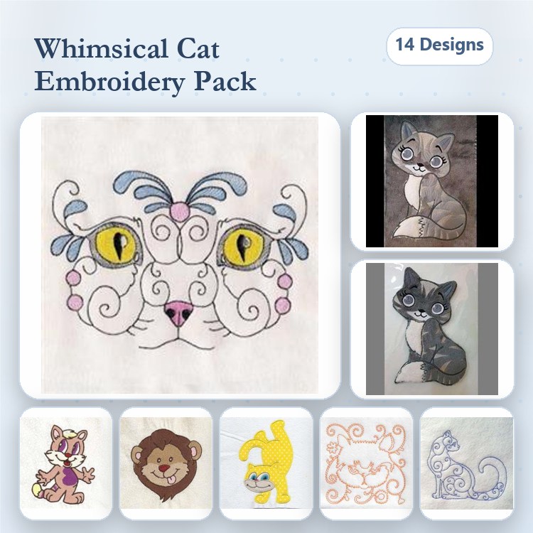Whimsical Cat Embroidery Bundle – Cat Face, Gray Cat, Playful Kitten & More (14 Designs)