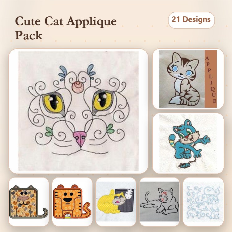 Applique Cute Cat Embroidery Bundle – Cat Face with Swirls, Gray Cat, Blue Cat & More (21 Designs)
