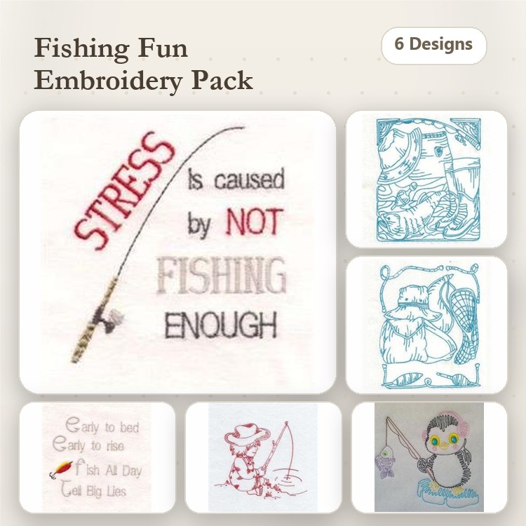 Fishing Fun Embroidery Designs Bundle – Fishing Stress Saying, Fishing Boy, Fish Hook & More (6 Designs)