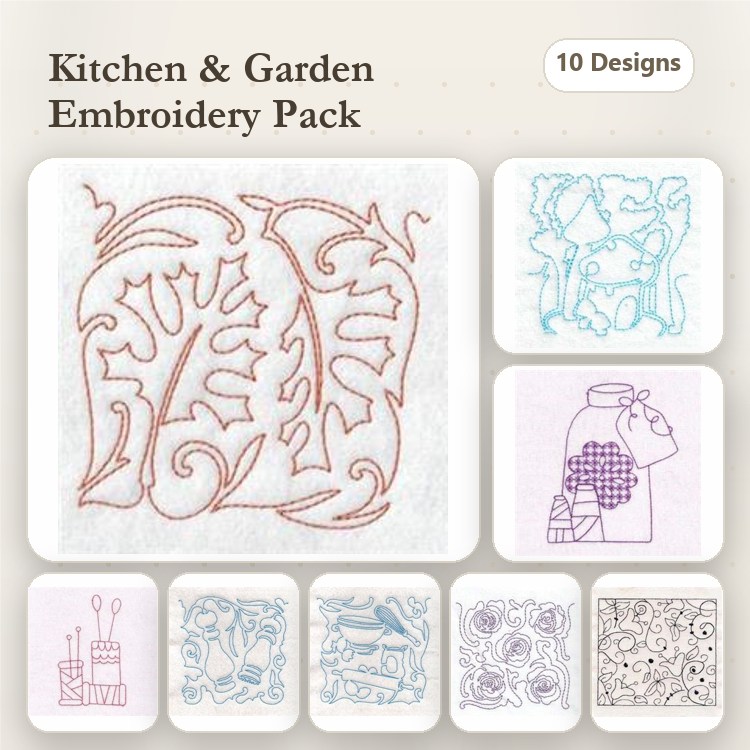 Redwork Kitchen & Garden Embroidery Designs Bundle – Leaf Pattern, Jar with Flowers, Gardening Tools & More (10 Designs)