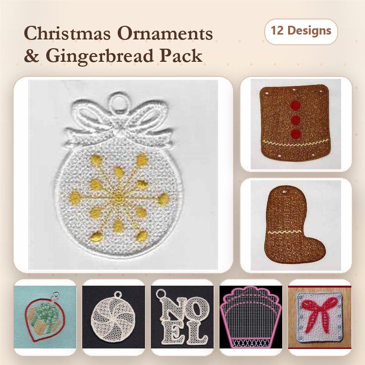 FSL Christmas Ornaments Embroidery Designs Bundle – Snowflake, Gingerbread House, Santa & More (12 Designs)