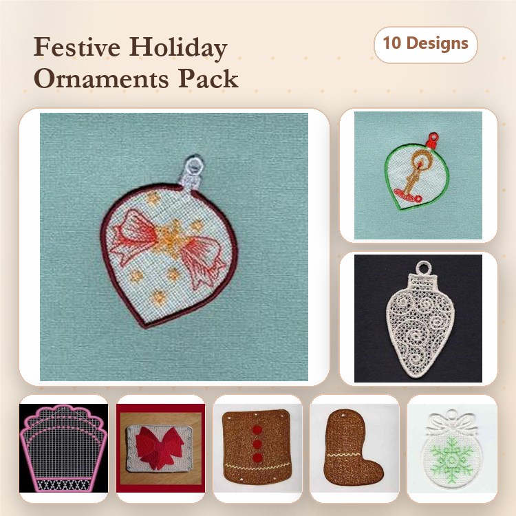 ITH Festive Holiday Ornaments Embroidery Bundle – Holly, Key, Lace, Gingerbread & More (10 Designs)