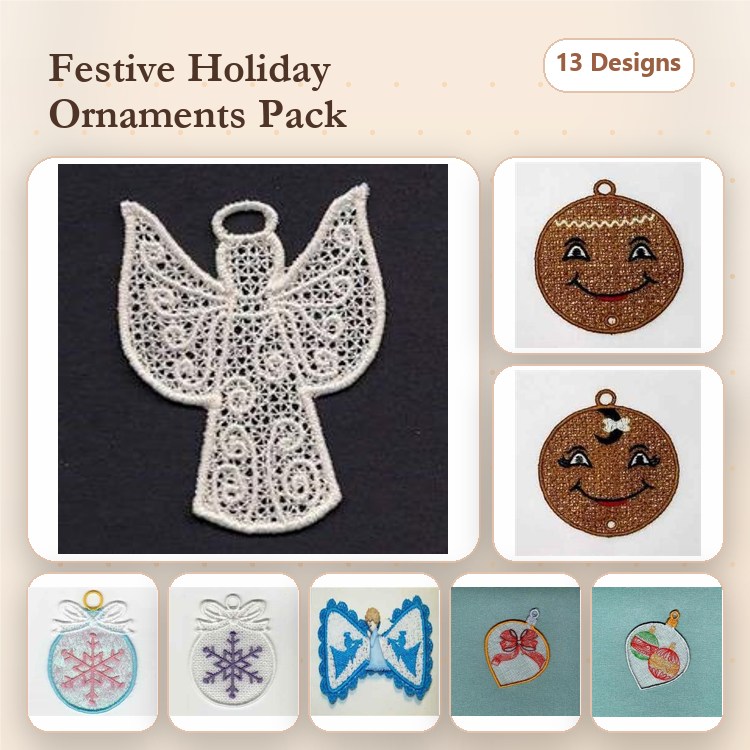 FSL Holiday Ornament Embroidery Designs Bundle – Angel, Snowflake, Candy Cane & More (13 Designs)