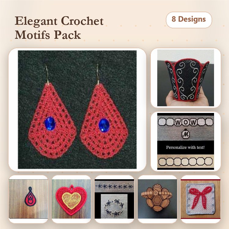 FSL Elegant Crochet Embroidery Designs Bundle – Lace Teardrop Earrings, Lace Heart, Decorative Lace Container & More (8 Designs)