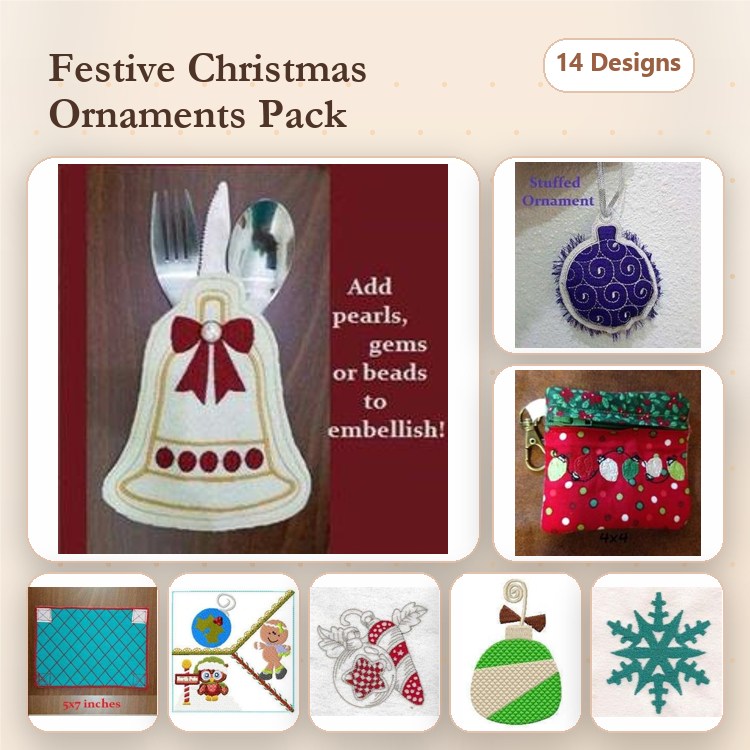 ITH Christmas Ornament Embroidery Designs Bundle – Bell, Swirled Ornament, Gift Bag & More (14 Designs)