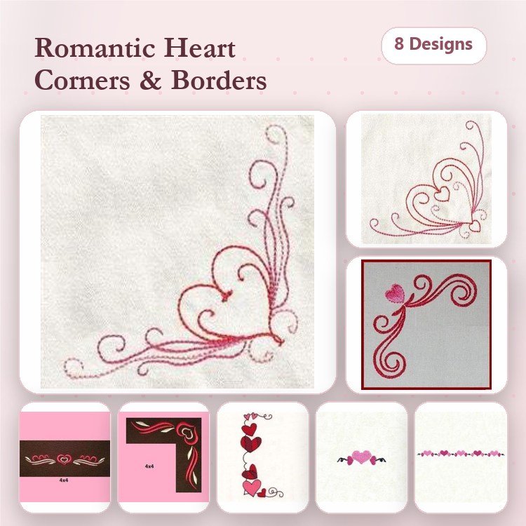 Heart Corners & Borders Embroidery Bundle – Heart Corner with Swirls, Heart Border with Swirls & More (8 Designs)
