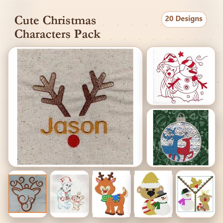 Cute Christmas Characters Embroidery Designs Bundle – Reindeer Antlers, Snowman, Christmas Dog & More (20 Designs)