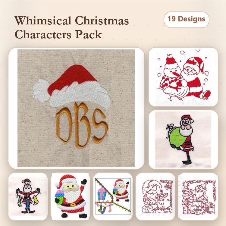 Christmas Characters Embroidery Designs Bundle – Santa, Snowman, Elf & More (19 Designs)
