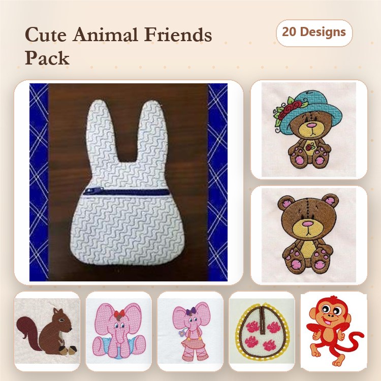 In The Hoop Animal Embroidery Bundle – Bunny Bag, Bear, Elephant, Squirrel & More (20 Designs)