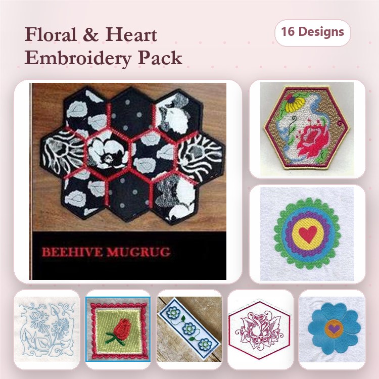 ITH Floral & Heart Embroidery Bundle – Beehive Mug Rug, Rose, Hexagon Floral & More (16 Designs)