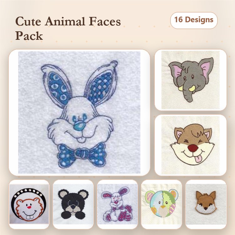 Cute Animal Faces Embroidery Bundle – Bunny, Elephant, Cat, Dog & More (16 Designs)