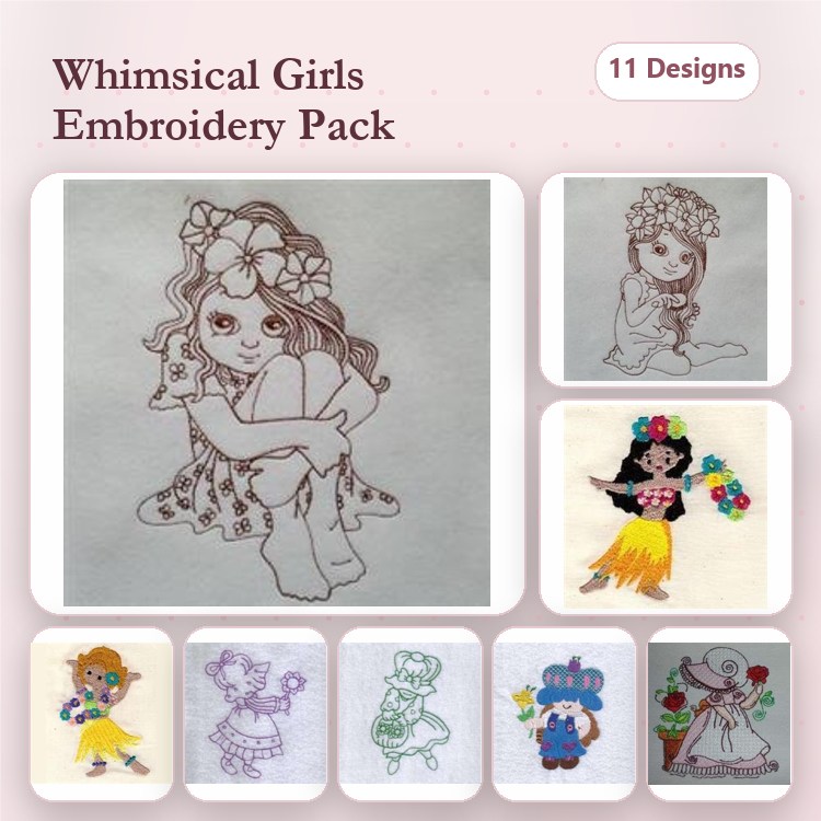 Redwork Whimsical Girls Embroidery Designs Bundle – Girl with Flowers, Hula Girl, Girl with Basket & More (11 Designs)