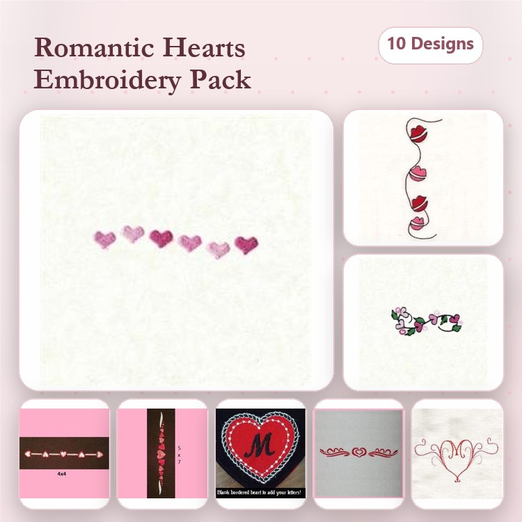 Romantic Hearts Embroidery Bundle – Hearts Border, Heart Monogram, Rose Hearts & More (10 Designs)