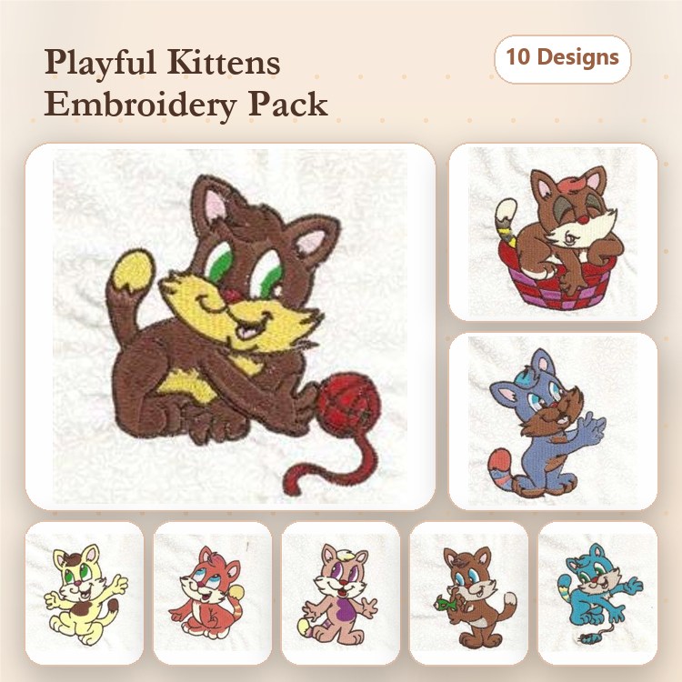 Cheerful Kittens Embroidery Bundle – Kittens with Yarn, Kittens in Basket, Calico Kitten & More (10 Designs)