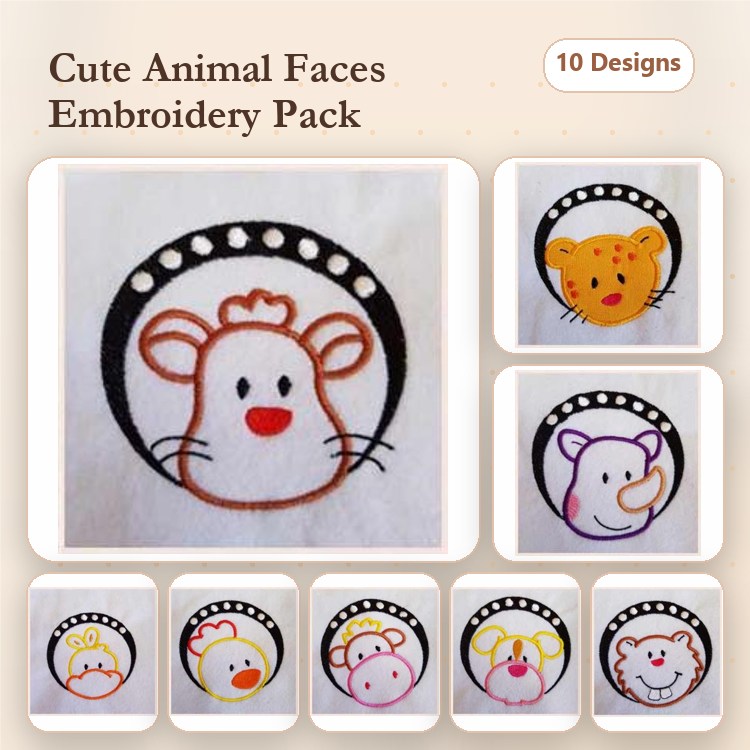 Animal Faces Embroidery Bundle – Cute Designs (10 Designs)