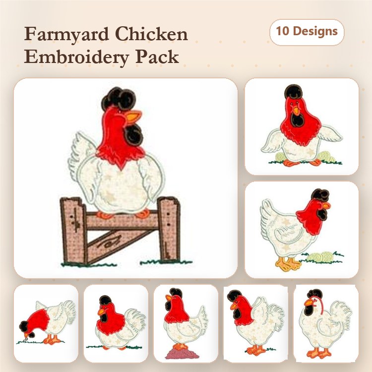 Applique Farmyard Chickens Embroidery Bundle – Standing Chicken on Fence, Rooster with Red Wattle, Chick on the Ground & More (10 Designs)