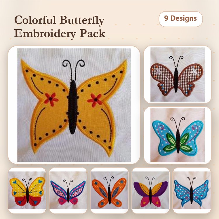 Applique Colorful Butterflies Embroidery Bundle – Yellow Butterfly, Pink Butterfly, Striped Butterfly & More (9 Designs)