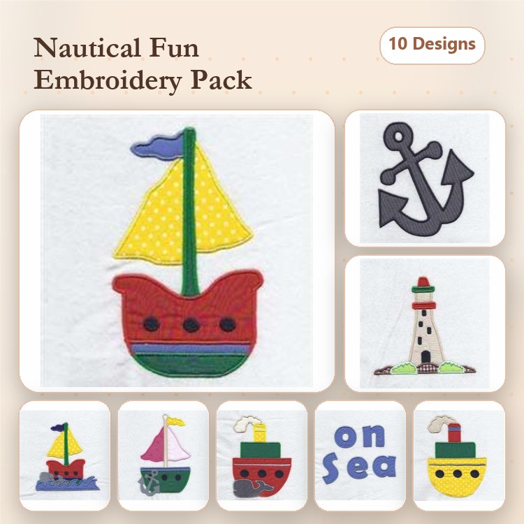 Applique Nautical Embroidery Designs Bundle – Sailboat, Anchor, Lighthouse & More (10 Designs)