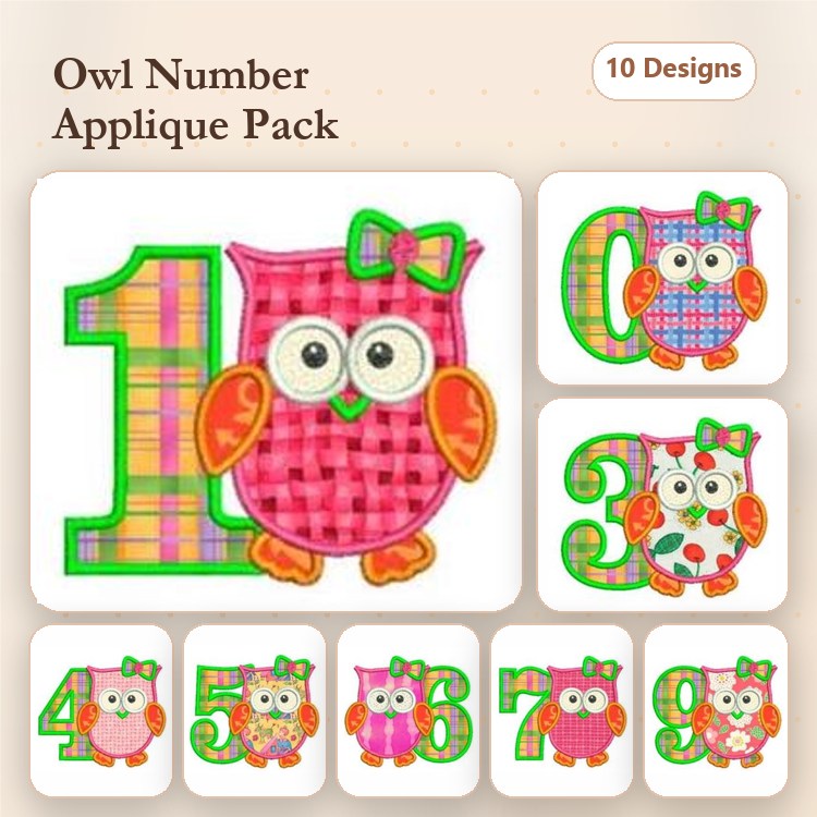 Applique Owl Numbers Embroidery Bundle – Owl Number 0, Owl Number 1, Owl Number 2 & More (10 Designs)