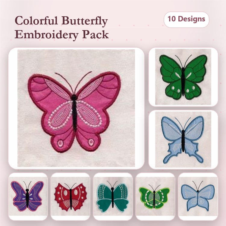 Applique Colorful Butterflies Embroidery Bundle – Pink, Green, Blue & More (10 Designs)