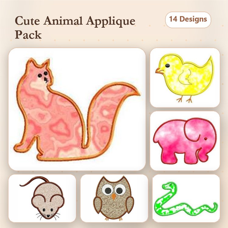 Animal Embroidery Bundle – Chick, Mouse, Owl & Snake (14 Designs)