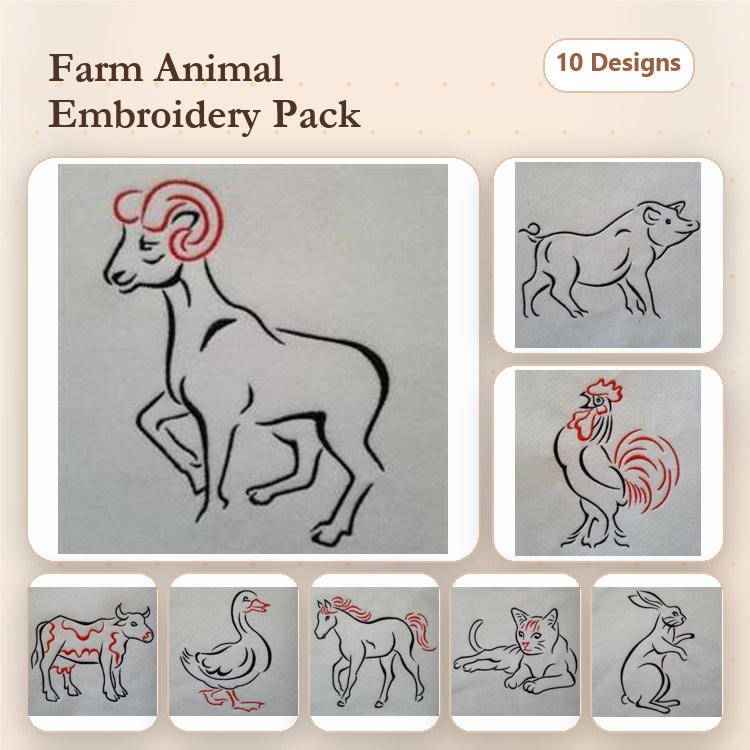 Redwork Farm Animal Embroidery Bundle – Ram, Cow, Rooster & More (10 Designs)