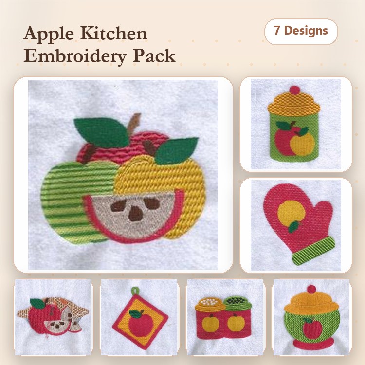 Apple-Themed Kitchen Embroidery Designs Bundle – Cute Fox with Apple, Apple Oven Mitt, Apple Jar & More (7 Designs)