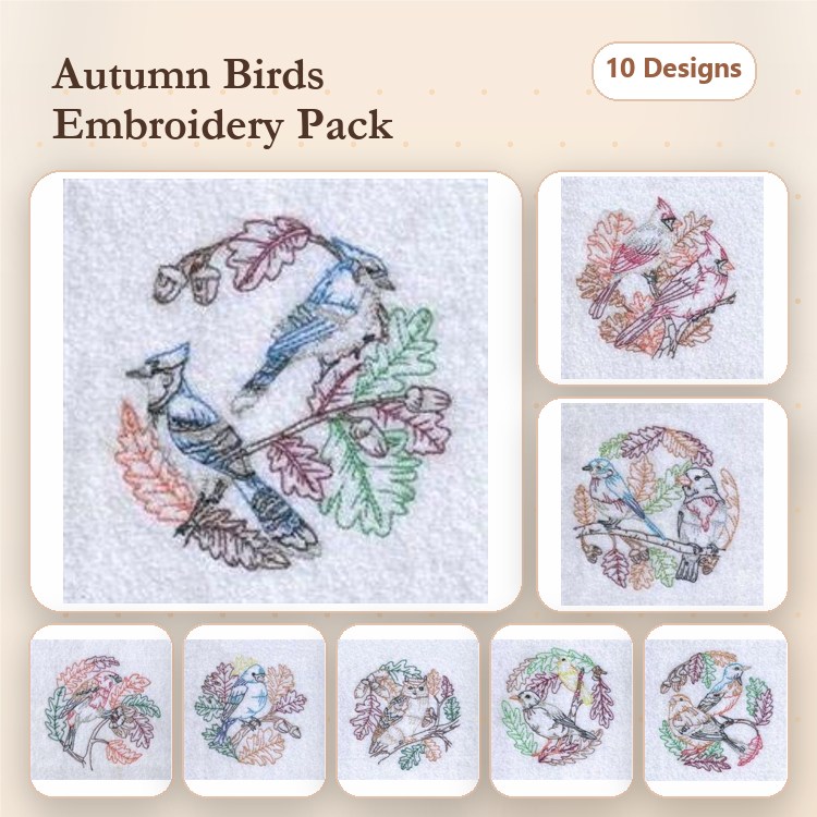 Redwork Autumn Birds Embroidery Designs Bundle – Blue Jay on Oak Branch, Fall Foliage Bird Design, Charming Birds in Autumn & More (10 Designs)