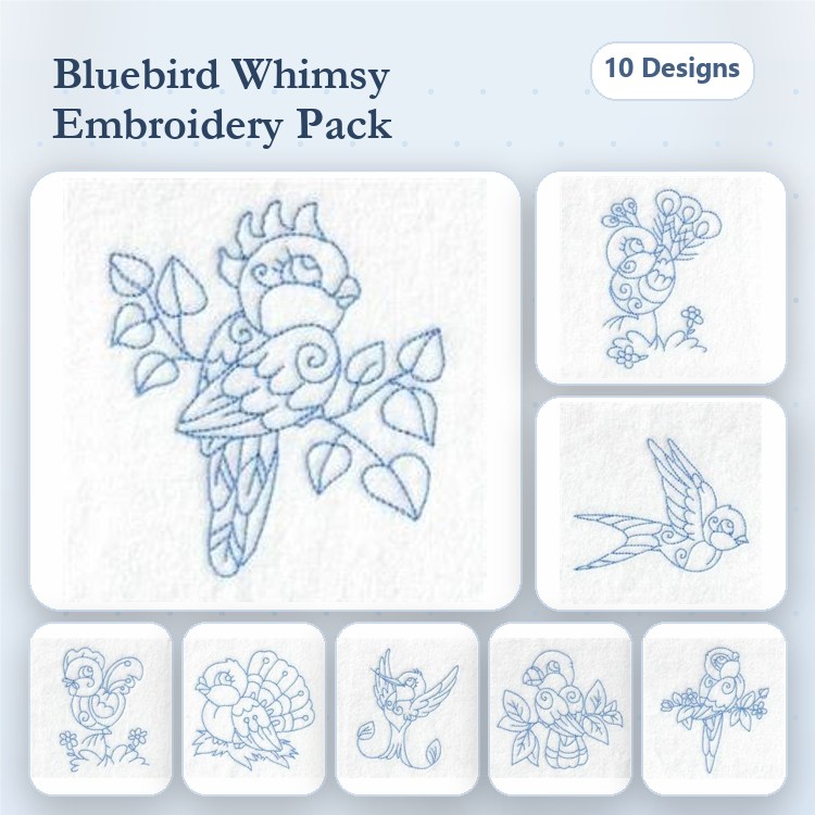 Redwork Bluebird Embroidery Designs Bundle – Bluebird on Branch, Bluebird with Flowers, & More (10 Designs)