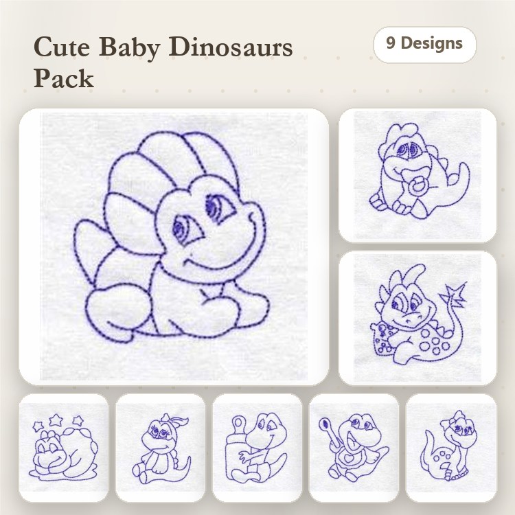 Redwork Cute Baby Dinosaurs Embroidery Bundle – Happy Baby Stegosaurus, Baby T-Rex, Baby Triceratops & More (9 Designs)
