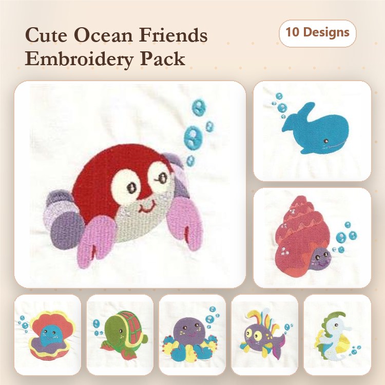 Ocean Characters Embroidery Bundle – Crab, Whale, Octopus & More (10 Designs)