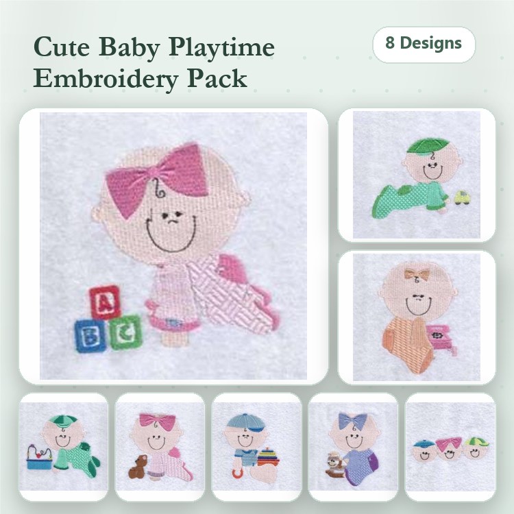 Cute Baby Playtime Embroidery Bundle – Baby with Blocks, Baby in Pajamas, Baby Holding Toy & More (8 Designs)