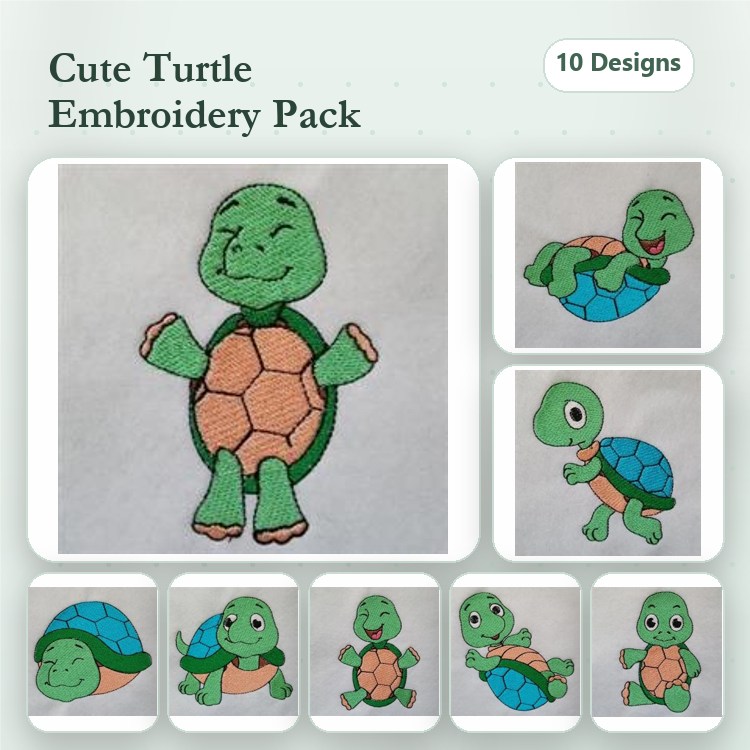 Cute Turtles Embroidery Bundle – Happy Turtle, Smiling Turtle, Turtle Dancing & More (10 Designs)