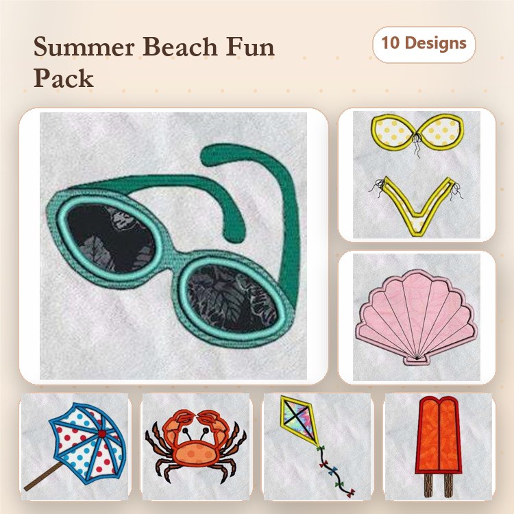 Applique Summer Beach Embroidery Bundle – Sunglasses, Crab, Shell & More (10 Designs)